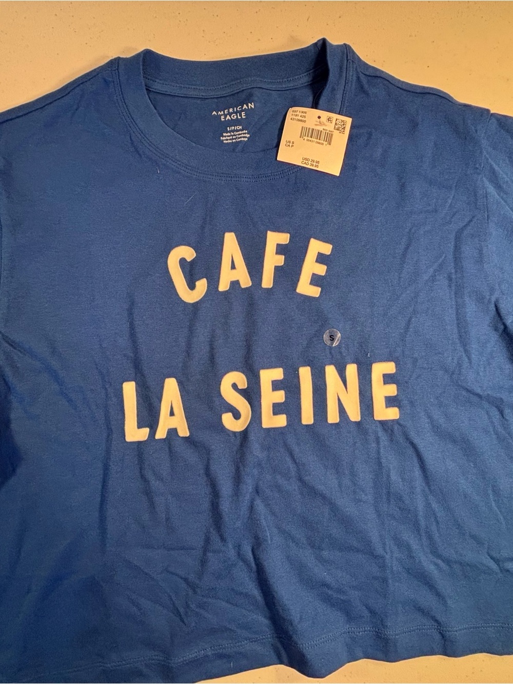 American Eagle Outfitters Blue Tee with Cream 'Cafe La Seine' Graphic